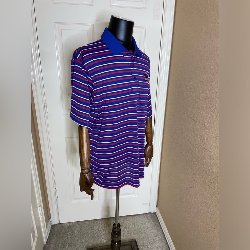 Chicago Cubs Polo Shirt Blue Striped Majestic MLB Men’s Size XL - Picture 2 of 9